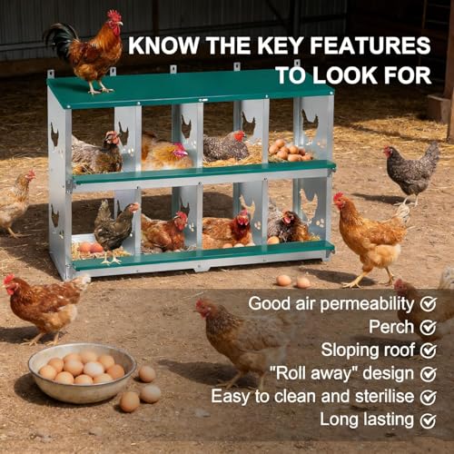 Garvee Large Metal Chicken Nesting Boxes for Hens, 8 Compartment Galvanized Steel Nesting Box, Includes 4 Fake Eggs & 10 Soft Nest Pads Pads, Wall Mount or Freestanding for Coop & Farm - style: 8 Holes