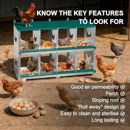 Garvee Large Metal Chicken Nesting Boxes for Hens, 8 Compartment Galvanized Steel Nesting Box, Includes 4 Fake Eggs & 10 Soft Nest Pads Pads, Wall Mount or Freestanding for Coop & Farm - style: 8 Holes