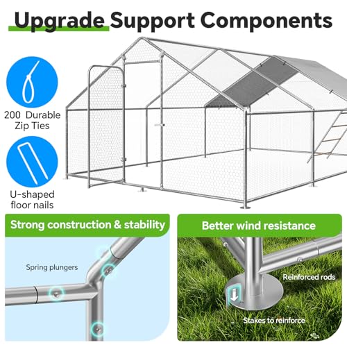 Large Metal Chicken Coop Run with Roosting Perch, Outdoor Waterproof & UV-Resistant Cover for Chickens, Ducks, Rabbits, and Hens in Yard or Farm Use Spire Roof (13.1'Wx19.7'Lx 6.5'H) - size: 20x13Ft - Spire