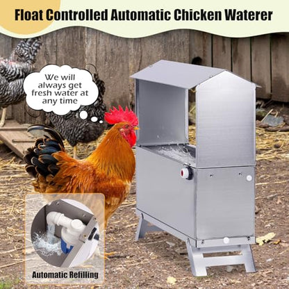 Chicken Waterer 1.5 Gallon Automatic Water Dispenser for Poultry | Chicken Water Feeder with Float Valve Kits | Stainless Steel | With Legs | Anti-Roost Lid | for Ducks, Turkeys, Quail