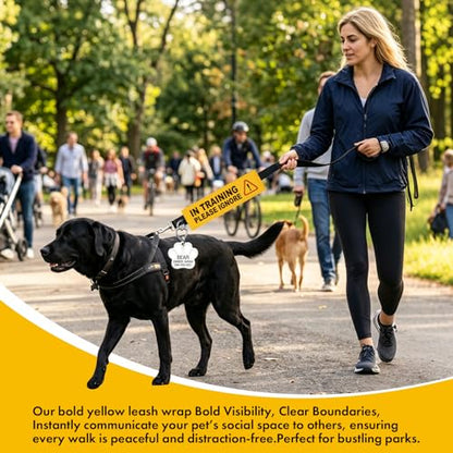 in Training Please Ignore Dog Leash Wrap, Highly Visible Yellow Warning Sleeve with Heart Snap Hook, Service Dog & Puppy Training Sign, Durable Double-Sided Canvas Lead Cover - color: In Training