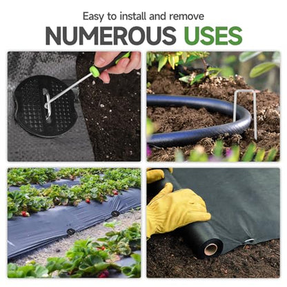 JELNER Garden Stakes,6 Inch 11 Gauge 50pcs Galvanized Landscape Staples + 50pcs Gaskets + 1Pick Hook,Tent Stakes Landscaping Fabric SOD Pins for Weed Fabric Barrier,Groud Cover,Fence