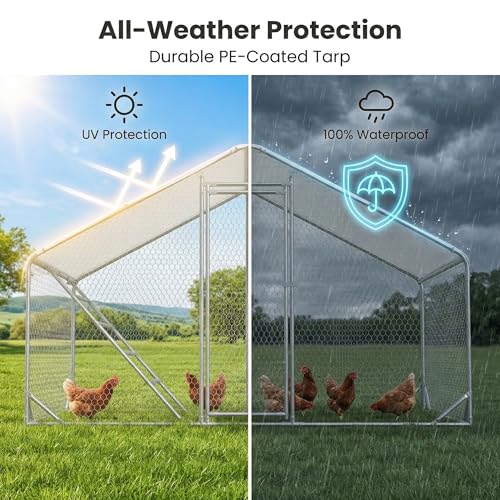 Large Metal Chicken Run Coop Walk-in Poultry Cage with Roosting Bar, Reinforced Chicken House/Pen - Waterproof UV Cover, PVC Coated Wire Mesh for Courtyard Outdoor 9.8'L x 6.5'W x 6.5'H - size: 118.0"L x 78.0"W x 77.0"H