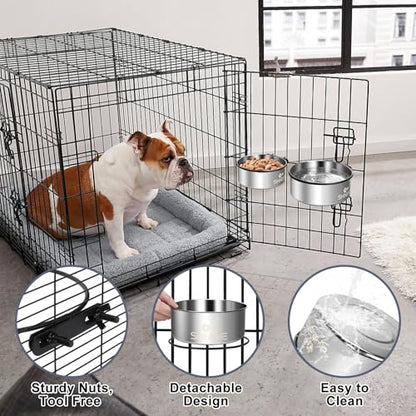Dog Kennel Bowls for Crates, ShineMe 54oz & 34oz Dog Food Bowl and Crate Water Bowl No Spill, Stainless Steel Dogs Bowls Mountable 2 Pack, Silver (7.1x2.9” & 6.2x2.6”) - color: Silver, size: L (54oz+34oz)