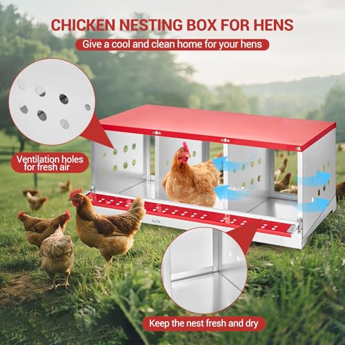 GarveeLife Chicken Nesting Boxes for Laying Eggs, Metal Chicken Nesting Box with Vented Holes and Swing Perch for Chicken Coop, Egg Laying Boxes for Chickens, Hens, Ducks (3 Compartments) - size: 3 compartments