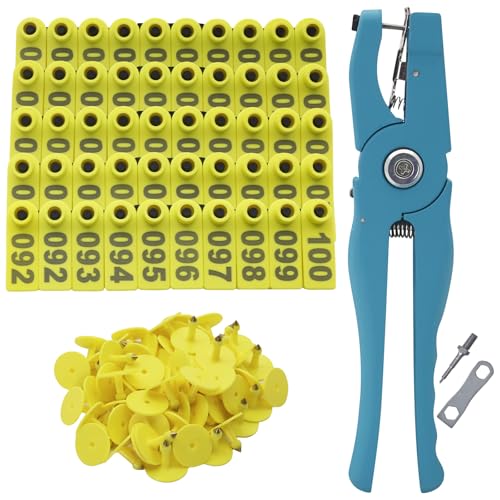 Sheep Ear Tags Numbered 001-100 Plastic Livestock Ear Tags with Applicator Pliers for Goat Sheep Pig Dog Deer Farm,100PCS (Yellow) - color: Yellow