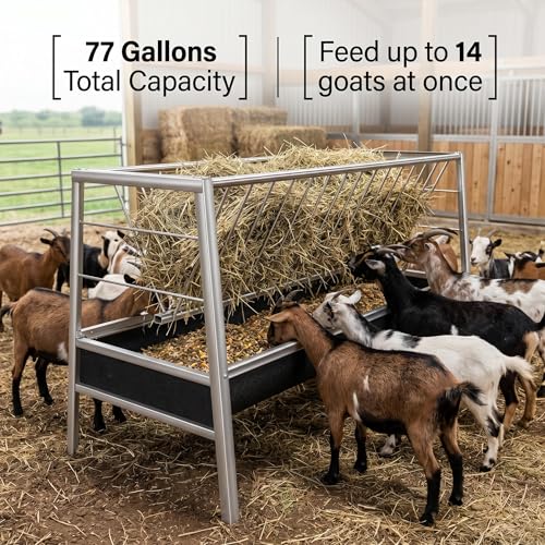 Farm Ranch 77 Gallon Hay Feeder, Wear-Resistant Rubber Trough, Corrosion-Resistant Stainless Steel Livestock Feeder for Goats, Sheep, Calves and Horses Use