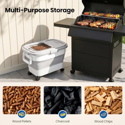 2-Pack Wood Pellet Storage Containers, 20-25lbs Airtight Bins w/Clear Window | Collapsible Pellet Bucket with Wheels & Locking Lid; Foldable Container with Scoop & Labels; Gray - color: Gray-M-2 Pack