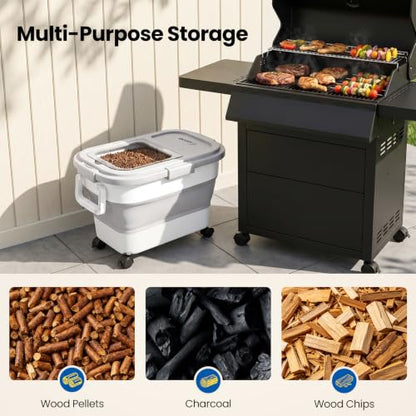 2-Pack Wood Pellet Storage Containers, 20-25lbs Airtight Bins w/Clear Window | Collapsible Pellet Bucket with Wheels & Locking Lid; Foldable Container with Scoop & Labels; Gray - color: Gray-M-2 Pack