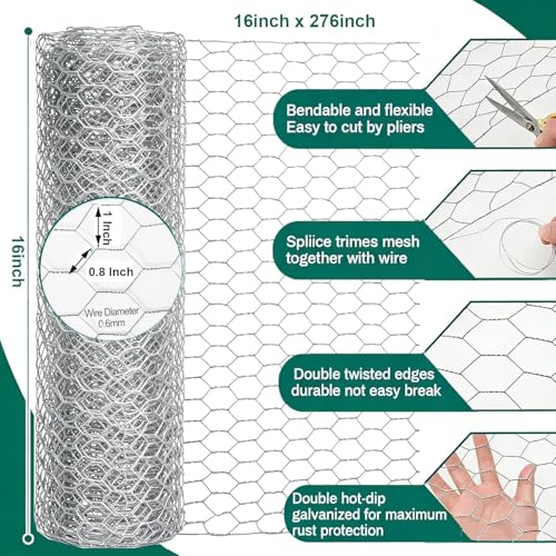 Chicken Wire Fencing, 16 Inx 276 in (40cm x 7m) Chicken Wire Mesh Roll, 1 in Mesh Poultry Wire Netting, Anti-Rust Hexagonal Galvanized for Chicken Coop Crafts Garden Fence with 50 Zip Ties - size: 16 x 276 Inches-1 Inch Mesh