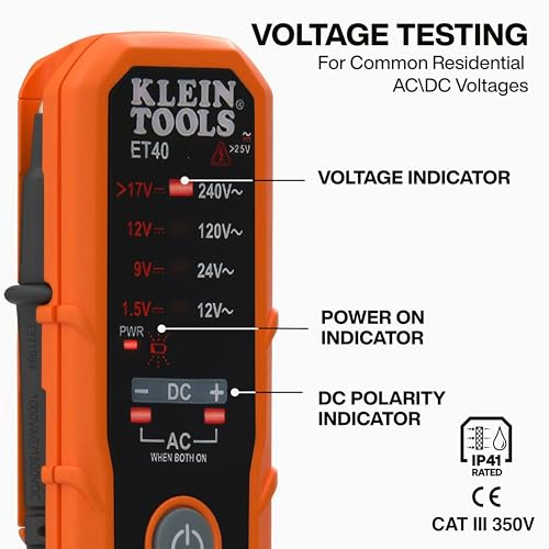 Klein Tools ET40 Digital AC/DC Voltage Tester, 12-240V AC, 1.5-24V DC, LED Illumination, DC Polarity, Auto Off, CAT III 250V-Class 2- Double Insulation, IP41 Dust and Water Resistant - style: 12/240 V