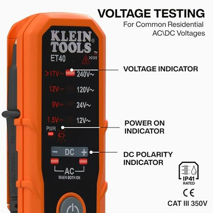 Klein Tools ET40 Digital AC/DC Voltage Tester, 12-240V AC, 1.5-24V DC, LED Illumination, DC Polarity, Auto Off, CAT III 250V-Class 2- Double Insulation, IP41 Dust and Water Resistant - style: 12/240 V