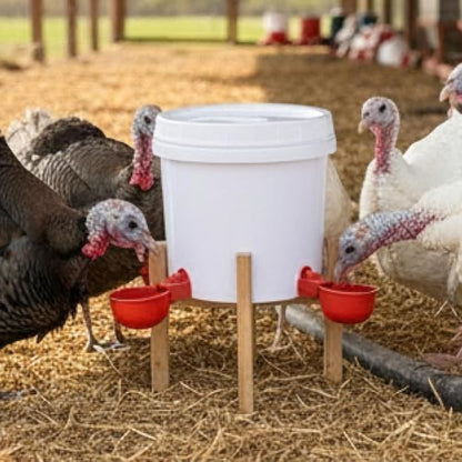 Chicken Waterer with Stand and Handle, 1 Gallon Poultry Waterer with 4 Drinking Cups and 4 Horizontal Nipples, Raised or Hanging Water Bucket for Chickens, Ducks, Geese, Chicks and Backyard Coop