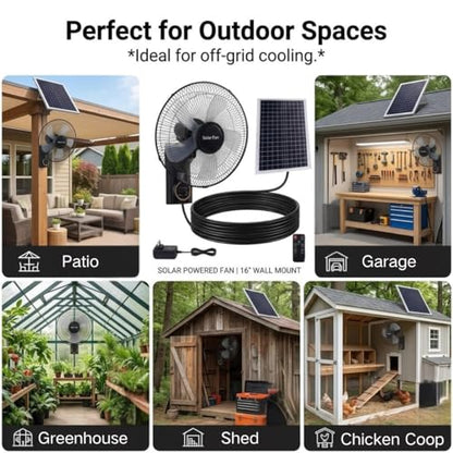 16" Solar Barn Fan for Chicken Coop and Greenhouse, Patio Fan Wall Solar Fan with Remote, 16ft Extension Cable AC/Solar Dual Power, 90° Oscillating Fans Waterproof Garage Cooling System