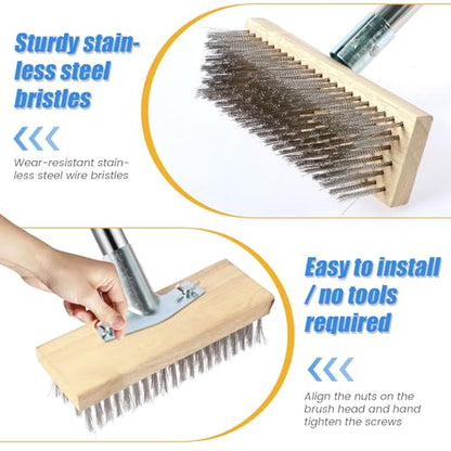 Stainless Steel Wire Floor Brush Wire Broom with 4 Section Detachable Long Pole Heavy Duty Wire Deck Brush Multipurpose Wire Cleaning Brushes for Rough Surface, Concrete Floor, Patio, Garden, Garage