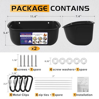 Goovilla Chicken Feeder Waterer, Hanging or Screw-in Fence Feeders with Clips, 2 Pack 5 Quart Goat Feeding Supplies, Duck Piglet Sheeple Coop Dog Livestock Poultry Plastic Feeder Trough Bucket, Black - color: Black, size: 5 Quart