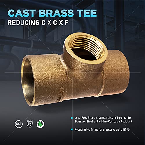 Supply Giant DDGU1134 C X C X F Lead-Free Cast Brass Tee Fitting with Solder Cups and Female Threaded Branch, 1" x 1" x 3/4 - size: 1" x 1" x 3/4"