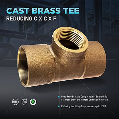 Supply Giant DDGU1134 C X C X F Lead-Free Cast Brass Tee Fitting with Solder Cups and Female Threaded Branch, 1" x 1" x 3/4 - size: 1" x 1" x 3/4"