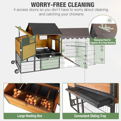 GUTINNEEN Extra Large Mobile Chicken Coop with Wheels, Large Outdoor Hen House with Run for 4-6 Chickens, Wooden Poultry Cage with Nesting Box, Metal Sliding Tray, Waterproof Cover - color: Brown and Black