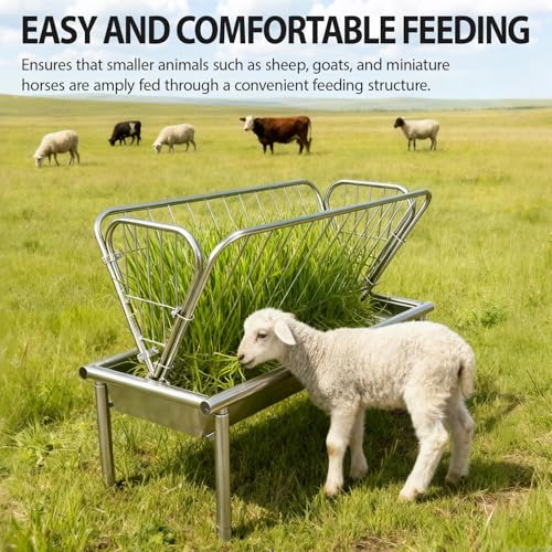 4FT Heavy-Duty Galvanized Steel Hay Feeder for Goats, 30 Gallon Hay Feeder, Outdoor Pasture Feeder with 6" Wide Feeder Pan, All-Weather Livestock Feeder, Easy to Install for Outdoor Farms