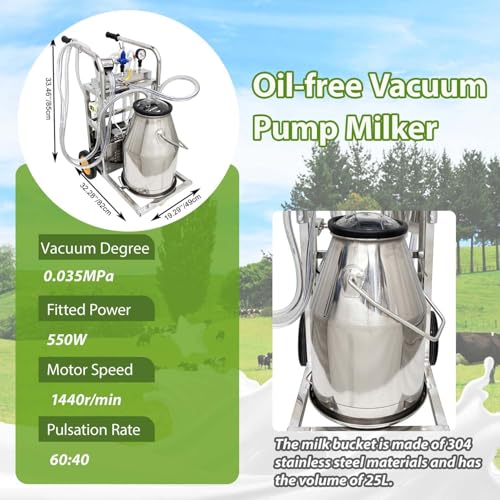 25L Electric Cow Goat Milking Machine Portable Oil-Free Vacuum Pump Milker 1440 RPM Suction Pump with 304 Stainless Steel Bucket and Regulator Farm Supply