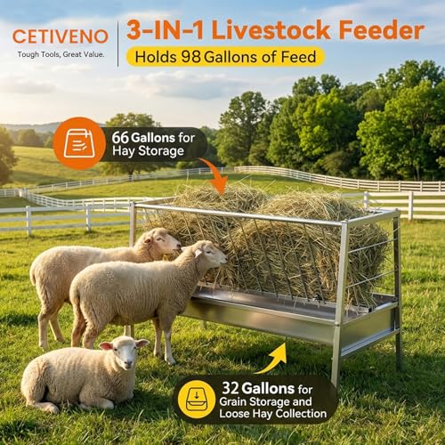 98 Gallon Goat Hay Feeder, Stainless Steel Hay Feeder, 3-in-1 Water, Grain& Feed Trough with 63" Long Hay Rack for Farm, Cow/Horse/Goat Feeders