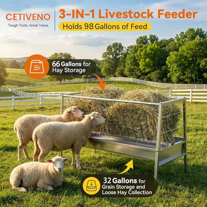 98 Gallon Goat Hay Feeder, Stainless Steel Hay Feeder, 3-in-1 Water, Grain& Feed Trough with 63" Long Hay Rack for Farm, Cow/Horse/Goat Feeders