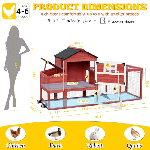 Portable Chicken Coop with Wheels Poultry Cage, Wooden Chicken Coop for 4-6 Chickens, Nesting Box, Pull-Out Tray, Ventilated Windows, Asphalt Weatherproof Roof, 81.5" Lx25.6 Wx44.1 H, Red - color: Red