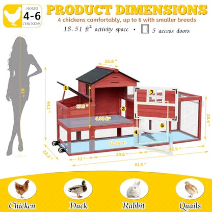 Portable Chicken Coop with Wheels Poultry Cage, Wooden Chicken Coop for 4-6 Chickens, Nesting Box, Pull-Out Tray, Ventilated Windows, Asphalt Weatherproof Roof, 81.5" Lx25.6 Wx44.1 H, Red - color: Red
