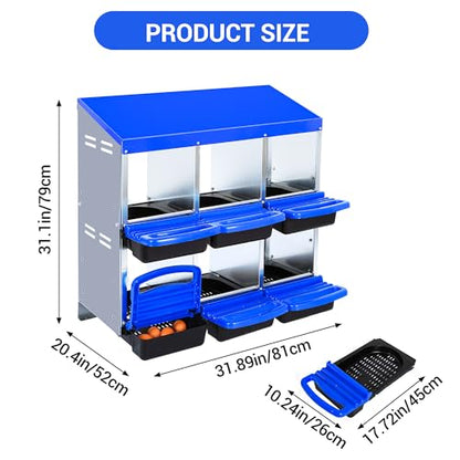 Chicken Nesting Box 6-Hole Roll Away Egg Laying Box with Lid, Galvanized Steel Rustproof Poultry Coop Box, Wall Mountable No Bracket Needed for Hens, Blue - color: Blue, size: 6 holes
