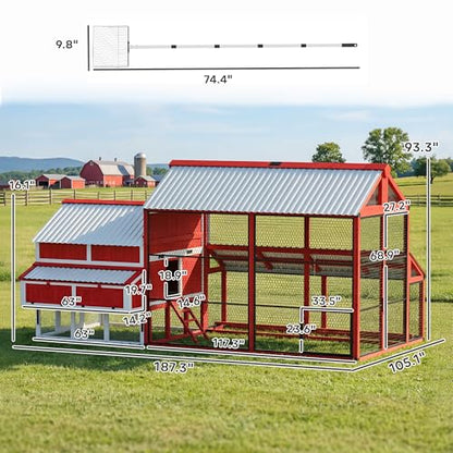 PawHut 187.3" Large Chicken Coop, Walk-in Wooden Hen House, Outdoor Poultry Cage w/Shovel, Run, Waterproof Roof, Nesting Box, Perches, Chicken House for 10-15 Hens, Rabbits, Ducks, for Farm Backyard