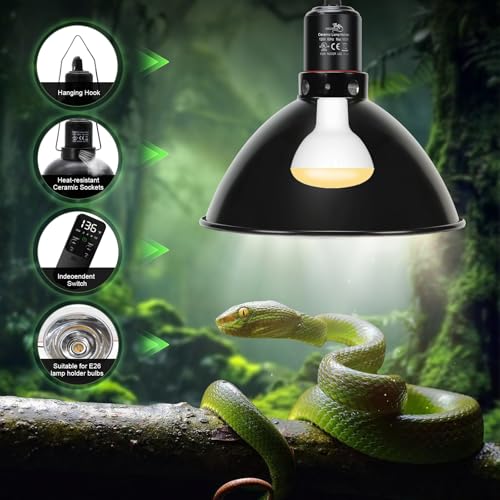 MECESOR Reptile Light Fixture with Thermostatic Timer, 8.5 Inch Deep Dome Lamp Cap Reptile Heat Lamp Fixture with Separate Switches, Terrariums Light Fixture for Ceramic Heating Lamp Bulb