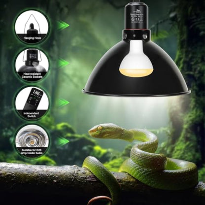 MECESOR Reptile Light Fixture with Thermostatic Timer, 8.5 Inch Deep Dome Lamp Cap Reptile Heat Lamp Fixture with Separate Switches, Terrariums Light Fixture for Ceramic Heating Lamp Bulb