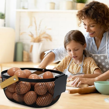 Farmhouse Egg Baskets for Gathering Fresh Eggs, Oval Metal Egg Collecting Basket Egg Holder with Wooden Handle, Countertop Kitchen Decor