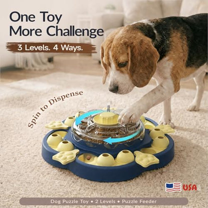 KADTC Dog Puzzle Toy, 3 Levels of Step-by-Step Challenge, Spin to Release Treat Dispenser, Slow Feeder & Mental Stimulation Enrichment Toy for Small Medium Large Dogs - color: Sunflower Blue