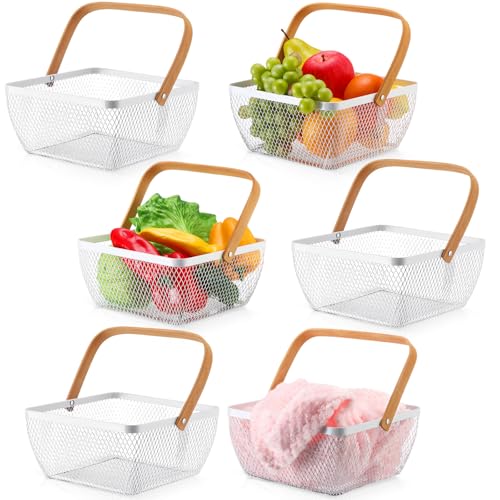 6 Pcs Metal Mesh Steel Basket with Handle Small Shopping Baskets Square Wire Harvest Storage for Kitchen Storage Garden Picnic Bathroom Organizing, 8.46 x 8.46 x 4.13 Inch(White) - color: White