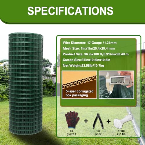 Hardware Cloth 1' 36in x 100ft Chicken Wire, Green Garden Fence, PVC Coated Metal Welded Wire Mesh for Preventing Snakes, Raccoons, Foxes, Poultry Netting - size: 1inx36inx100ft