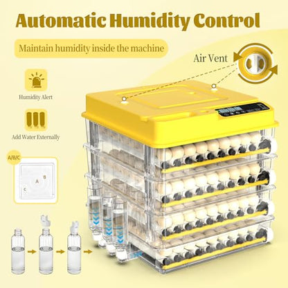 72 Egg Incubator for Hatching Eggs, Fully Automatic Egg Incubator with Auto Temp/Water/Turning, for Chicken Duck Goose Quail Pigeon Turtle Eggs, Humidity Control by Bottles, 360° View Clear Window