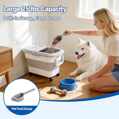 Dog Food Storage Container 20lbs, Airtight Pet Food Bin with Locking Lid & Clear Window, Collapsible Rolling Storage Container with Wheels & Scoop, Gray - color: Gray-S