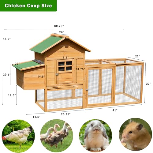 80" Large Chicken Coop, Waterproof Outdoor Hen House for 2-4 Chickens, Wooden Chicken House with Nesting Box, Removable Tray, PVC Cover, Run, for Garden Backyard Cage - size: 80.8"L
