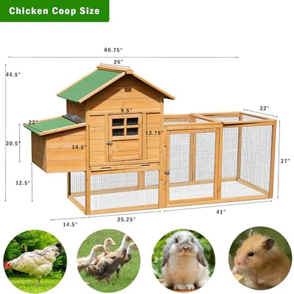 80" Large Chicken Coop, Waterproof Outdoor Hen House for 2-4 Chickens, Wooden Chicken House with Nesting Box, Removable Tray, PVC Cover, Run, for Garden Backyard Cage - size: 80.8"L