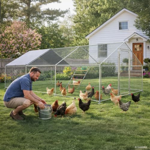 COMHOMA 19.7×10×6.6FT Large Metal Chicken Coop with Roosting Perch | Galvanized Steel Outdoor Cage with Waterproof Roof & Lockable Soor. Walk-in Poultry Run,Ideal for Hens, Ducks, and Rabbits - size: 236.3"L x 120.0"W x 78.8"H