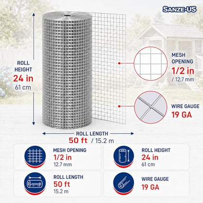 Sanzeus Hardware Cloth, 1/2 Inch 24in x 50ft 19 Gauge, Double-Layer Hot-Dip Galvanizing After Welding, Chicken Wire Fence Wire Mesh Poultry Netting Garden Fence Tree Guard Rolls - size: 1/2inch 24in×50ft