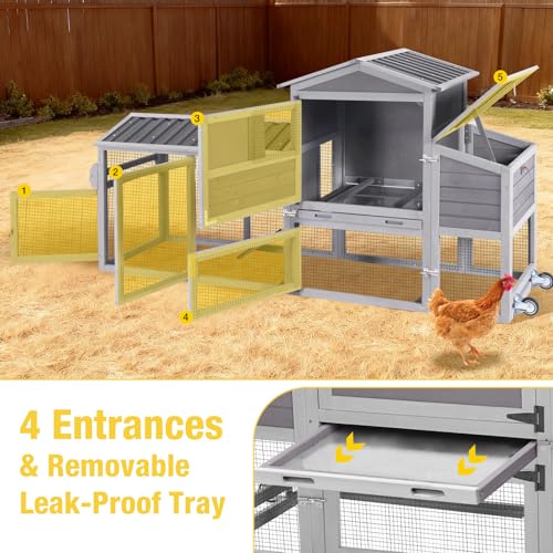 Aivituvin Large Chicken Coop Wooden with Wheels, Mobile Chicken Coop with Nesting Box & Waterproof Asphalt Roof, Expandable Chicken Cage with Run for 2–3 Chickens, Duck House - color: Grey, size: 80.6"L x 26.6"W x 42.4"H
