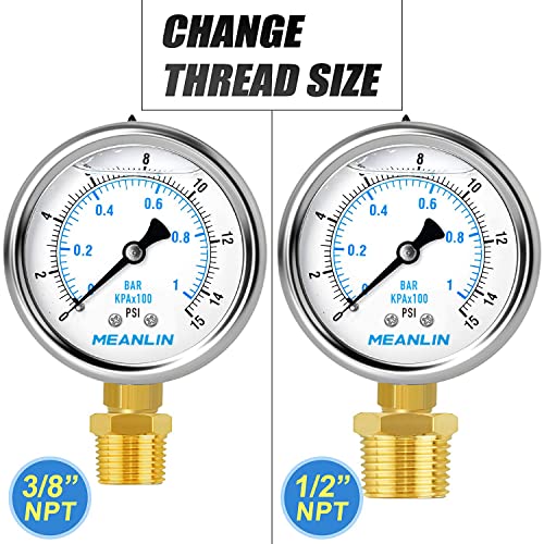 MEANLIN MEASURE 0~15Psi Stainless Steel 1/4" NPT 2.5" FACE DIAL Liquid Filled Pressure Gauge WOG Water Oil Lower Mount, with 1/2" NPT and 3/8" NPT Hex Bushing - size: 0-15Psi