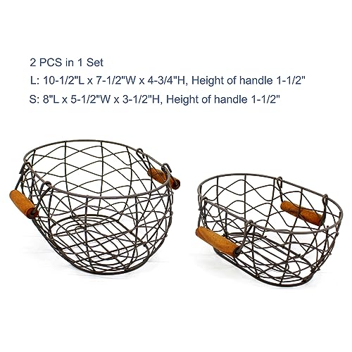 CVHOMEDECO. Oval Wire Egg Baskets Rustic Fruit Baskets with Wooden Handles Primitives Vintage Gathering Basket. Rusty, Set of 2