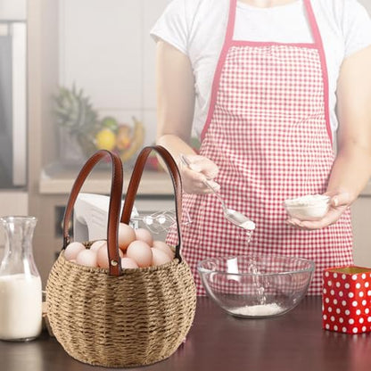 Farmhouse Egg Basket,Large Egg Collecting Basket with Handle,Round Wicker Egg Basket for Gathering and Carrying Fresh Eggs, Egg Holder for Kitchen Countertop,Picnic,Garden