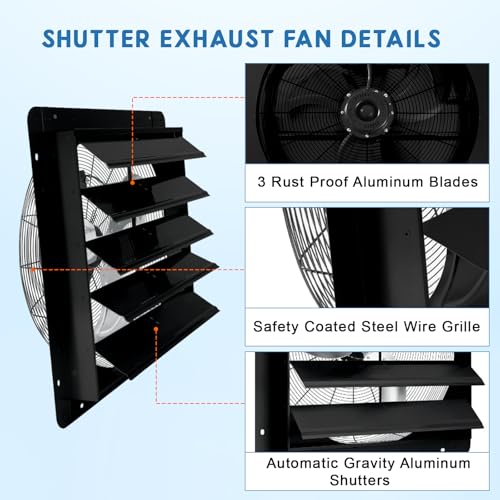 IDEALHOUSE 20 Inch Shutter Exhaust Fan, Wall Mounted Aluminum Vent Fan with Automatic Shutter, 3500 CFM High Speed Airflow for Garage, Attic, Workshop, Greenhouse - size: 20 Inch
