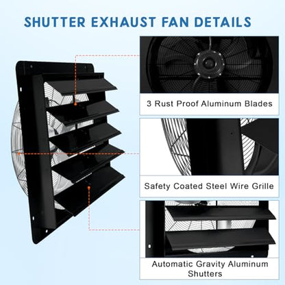 Garvee 20 In Shutter Exhaust Fan, Wall Mounted Shutter Exhaust Fan Aluminum, 3500 CFM High Speed Louvered Vent Fan with Automatic Shutter for Garage, Attic, Workshop, Greenhouse - size: 20 In