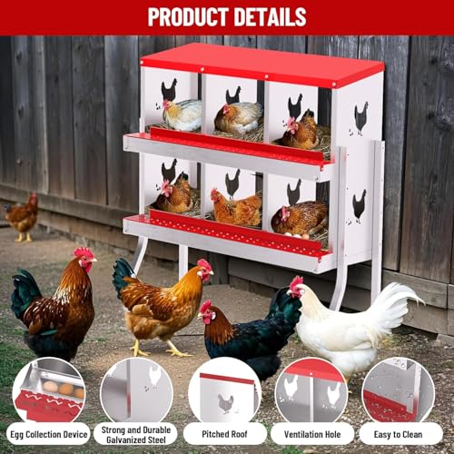 TrailBlaze 6 Compartment Chicken Nesting Box with Metal Legs, Chicken Egg Laying Boxes with Rollout Egg Collection, Large Vented Holes Chicken Coop for Chickens, Hens (Red) - color: Red, size: 6 Holes with Legs